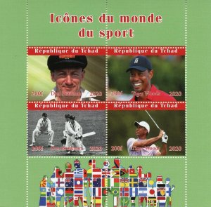 Chad Sports Stamps 2020 CTO Don Bradman Cricket Tiger Woods Golf 4v M/S I