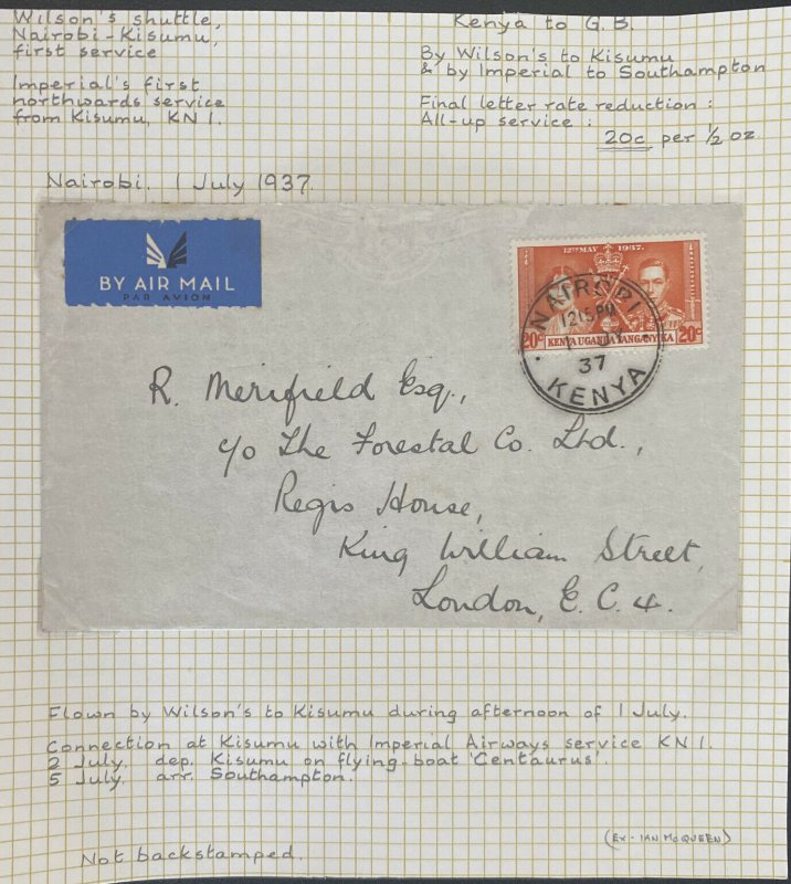 1937 Nairobi Kenya British KUT Wilson’s Shuttle Airmail Cover To London England