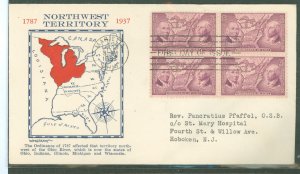 US 795 1937 3c Northwest Territory ordinance (block of four) on an addressed (typed) fdc with a Warneford first cachet (red & gr