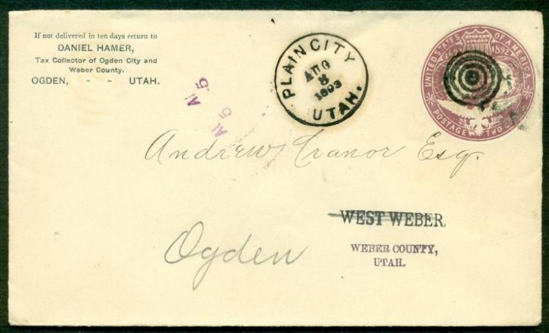 1893, 2¢ Columbus env tied by PLAIN CITY UTAH corner card OGDEN TAX COLLECTOR