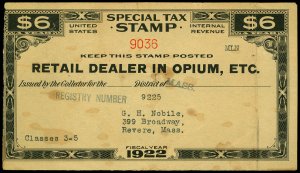 U.S. REV. STAX -RET. DEALER IN OPIUM FYE 1922  Used (ID # 61942)- L