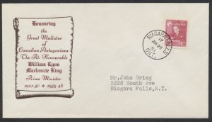 1951 #304 W L Mackenzie King FDC Jacobi Cachet Niagara Falls Ont CDS