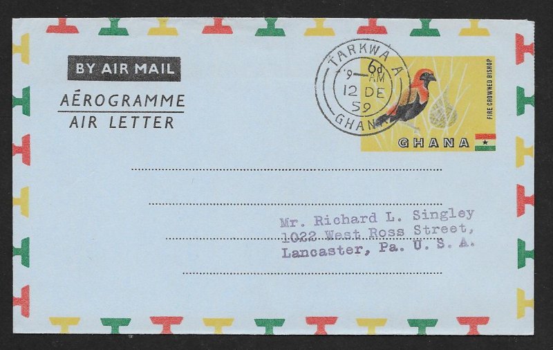 GHANA Aerogramme 6d Bird 1959 Tarkwa to USA cancel!