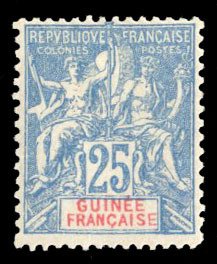 French Colonies, French Guinea #11 Cat$24, 1900 25c blue, hinged