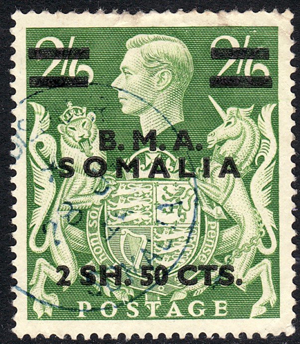 1948 GB offices in B.M.A Somalia KGVI 2/ 50¢ on 2/6 Used Sc# 19 $29.00