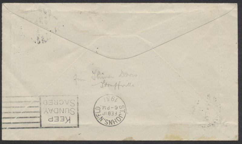 1931 Newfoundland Flight Cover Western Arm FEB 14 to St John's FEB 18