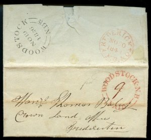 ?WOODSTOCK, N.B. PAID 9 +double split ring to Fredericton 1846 stampless Canada