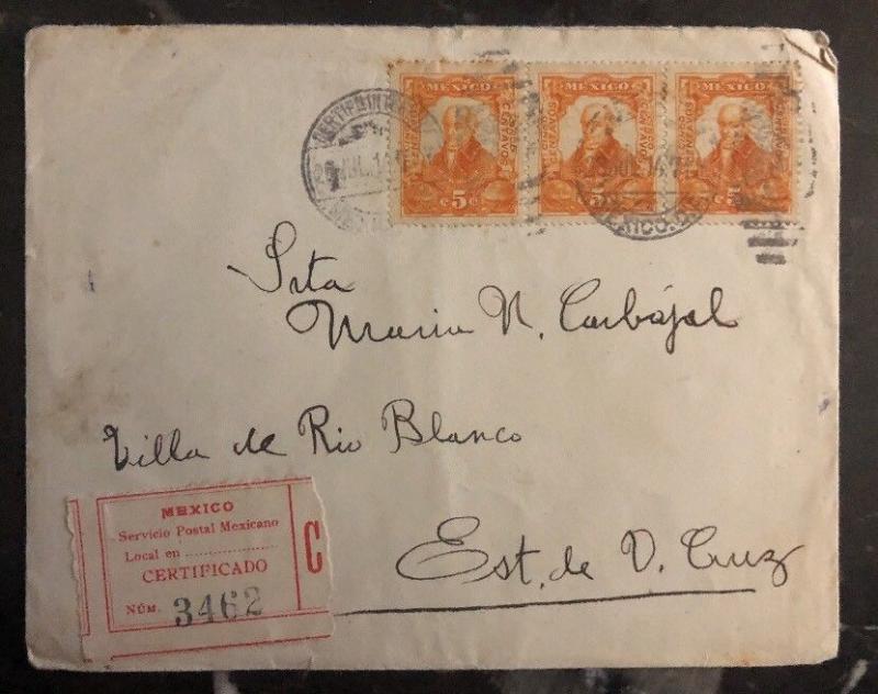 1914 Mexico DF Mexico Registered cover To Rio Blanco Veracruz Sunburst Label