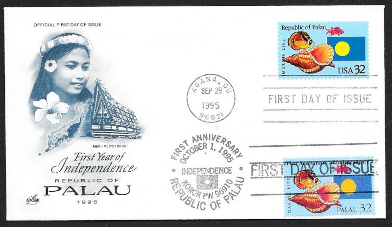 UNITED STATES FDC 32¢ Republic of Palau DUAL Joint Issue 1995 ArtCraft