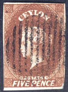 Ceylon 1857 5d Orange Brown(SG Chestnut) IMP Wmk Star Scott 6 SG 6 VFU Cat $175