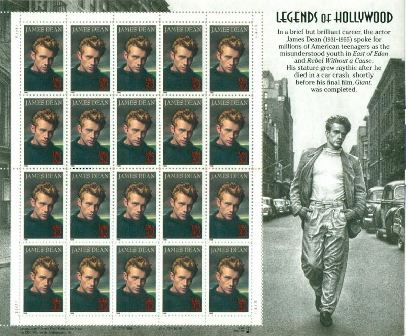 US: 1996 JAMES DEAN - LEGENDS OF HOLLYWOOD; Sheet Sc 3082; 32 Cents Values