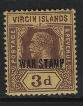 VIRGIN ISLANDS, MR2, HINGED REMNANT, 1916-17, Overprinted