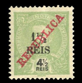 Portuguese Colonies, Portuguese India #390 Cat$45, 1915 1 1/2r on 4 1/2r gree...