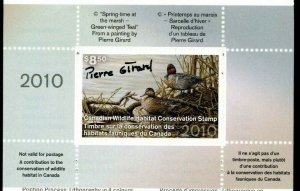 CANADA 2010 DUCK STAMP ARTIST SIGNED IN FOLDER AS ISSUED GREEN WINGED TEAL