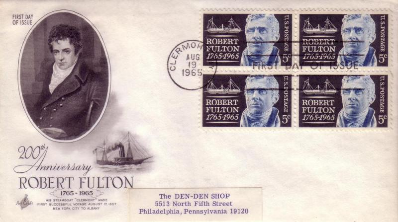 US FDC Sc.# 1270 Robert Fulton, Steamboat Blk of 4 L439
