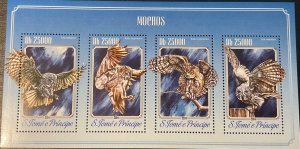 2014 TOME & PRINCE.  Owls. 1 block sheet (1 HB 4v) NHM-