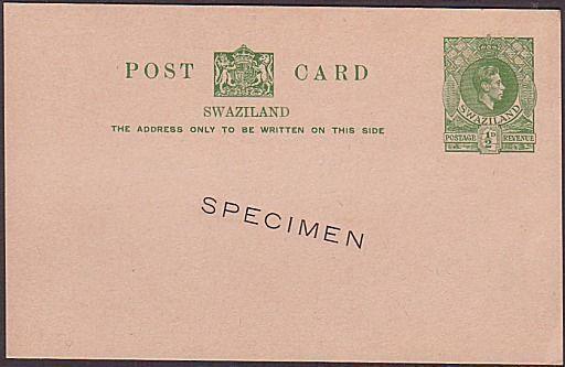 SWAZILAND GVI ½d postcard overprinted SPECIMEN - fine & very scarce