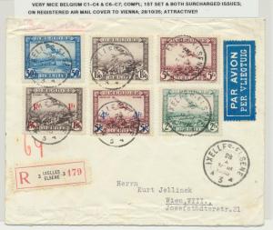 BELGIUM 1930 AIR SET + 1930 AIR SURCHARGES ON REG AIRMAIL COVER TO VIENNA