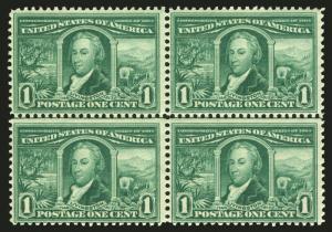 US #323 1c Green 1904 Louisiana Exposition Center Line Block of 4 CV $180+