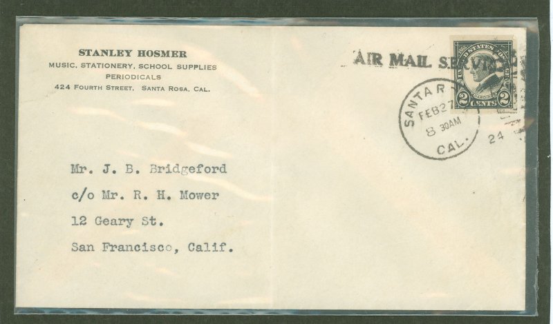 US 611 Cover from the experimental flights between San Francisco and Santa Rosa, CA on Feb. 27, 1924.  A large and a small airm