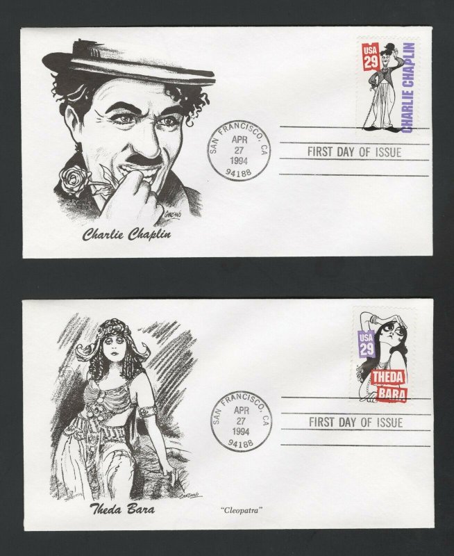 United States Scott #2819-2828, Silent Screen 10 FDC and 10 Maximum Cards