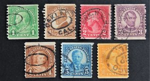 US #597-603 Used Specialty Double Oval Cancel Complete Set of 7 (No 599A)