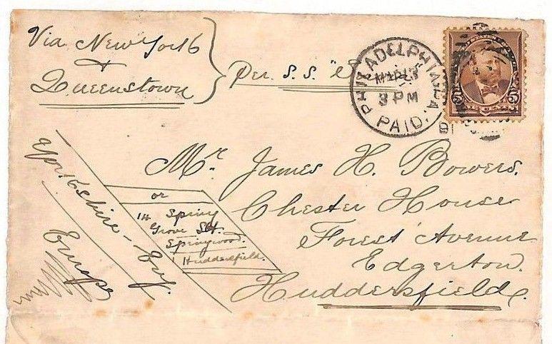 ZZ144 USA Cover 1891 Philadelphia Transatlantic HUDDERSFIELD Error CDS Yorks GB