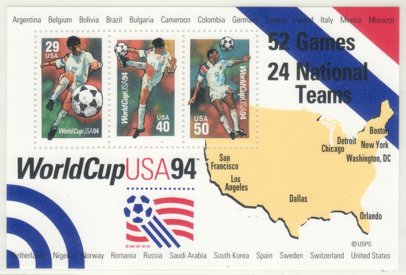 1994 U.S 29, 40, 50¢ World Cup USA 94 complete mini sheet Sc# 2837