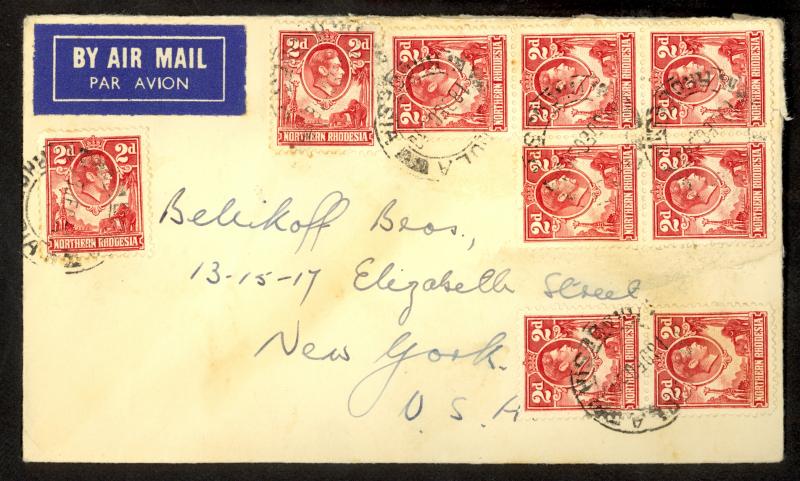 NORTHERN RHODESIA 1948 KGVI Flown Cover NDOLA to NYC USA 9x 2d Sc 32