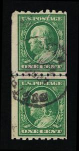 GENUINE SCOTT #390 POSTALLY USED 1910 GREEN PERF-8½ SL-WMK COIL LINE PAIR #7002