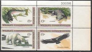 US #1427-30 PB  Wildlife - Trout, Alligator, Polar Bear, California Condor.