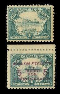 SEA POST 1886 Central American Steamship Co. US - Mexico  1c + 5c/1c ovpt stamps