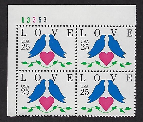 Catalog # 2440 Plate Block of 4 Stamps Love Valentines Marriage Hearts Blue bird