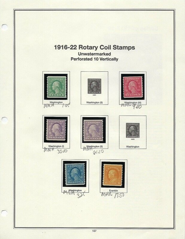 1916-1922 IMPERF AND COILS UNUSED SINGLES PLEASE SEE SCANS- SCV is $131.00 - W37