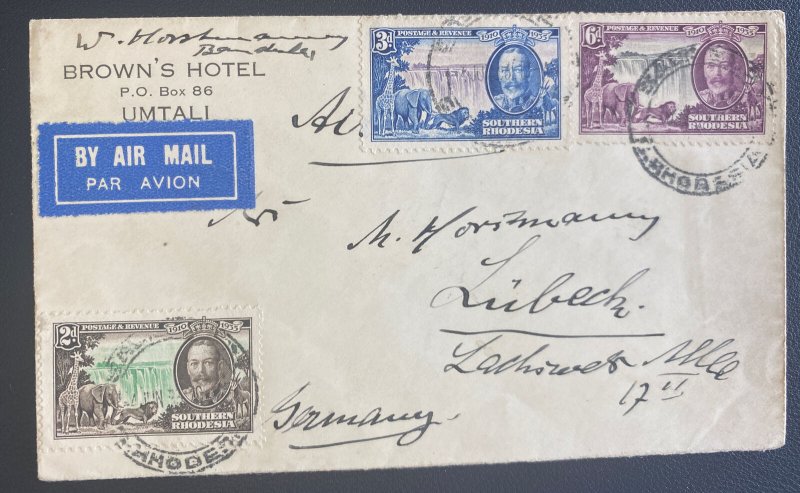 1935 Umtali Southern Rhodesia Brown Hotel Airmail Cover to Lubeck Germany