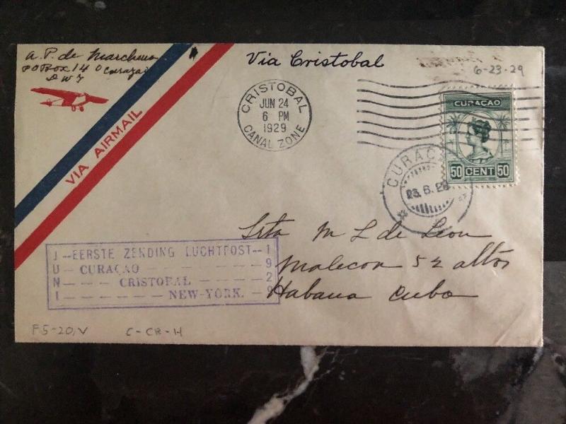 1929 Curacao First FLight airmail cover FFC to New York USA Via Canal Zone
