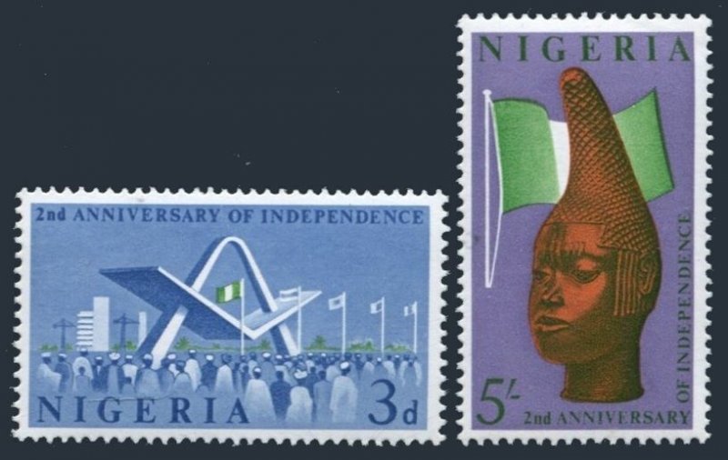 Nigeria 132-133,MNH.Mi 123-124. Independence,2nd Ann.1962.Monument,Head,Flag. 