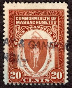 1950's, US 20c, Revenue, Used, Massachusetts stock transfer