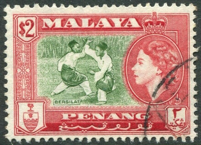 PENANG-1957 $2 Bronze-Green & Scarlet Sg 53 FINE USED V42833