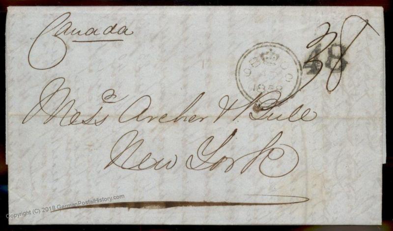 England Britain 1858 New York USA Cunard Canada Transatlantic Stampless Co 77674