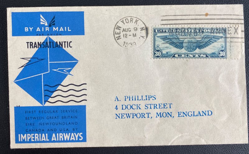 1939 New York USA Trans Atlantic Airmail Cover To Newport England Imperial Airwa