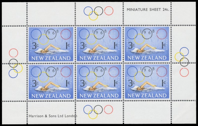 Olympic New Zealand Error 1968 Health Mini Sheet Swimming Green Ring omitted 