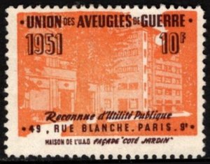 1951 France Charity Poster Stamp 10 Francs Union Of The War Blind Recognized