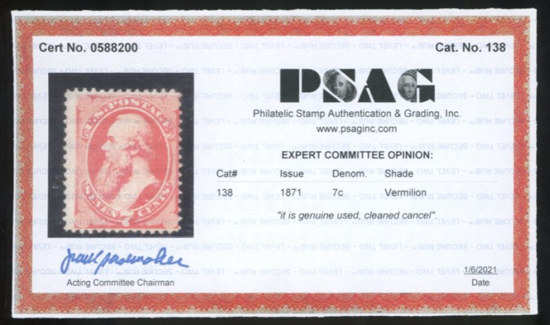 U.S. #138 USED WITH PSAG CERT