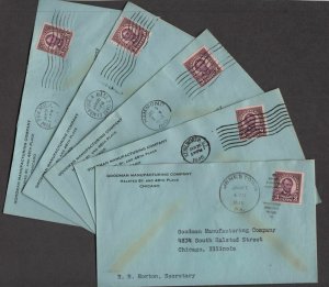 1940 late use Sc 600 perf 10 vertical coil, lot of 5 different covers CV $30 (D