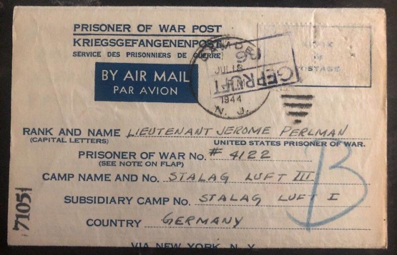 1944 Philadelphia Usa To Germany POW Camp Cover Luft Stalag 3 Prisoner Perlman