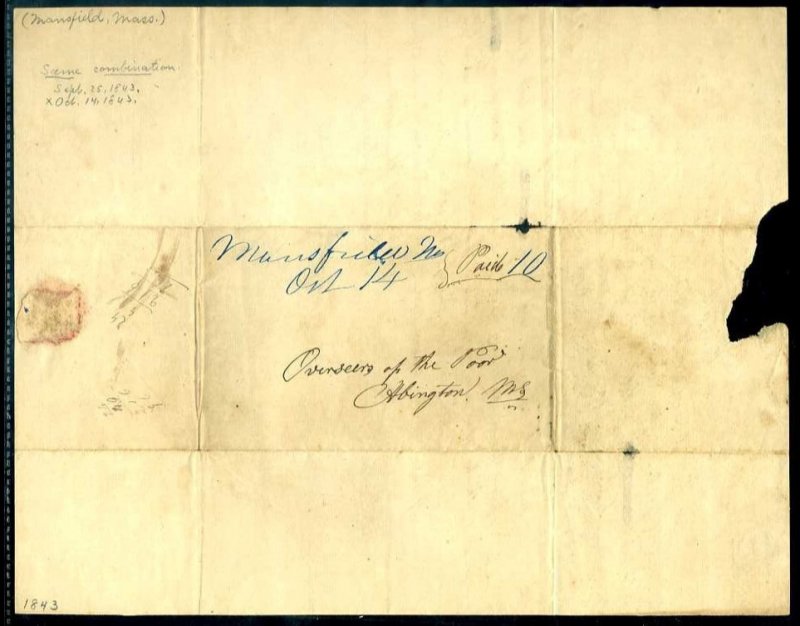Mansfield, Ms. Paid 10 1843 folded letter to Overseer of the Poor Abington, Mass