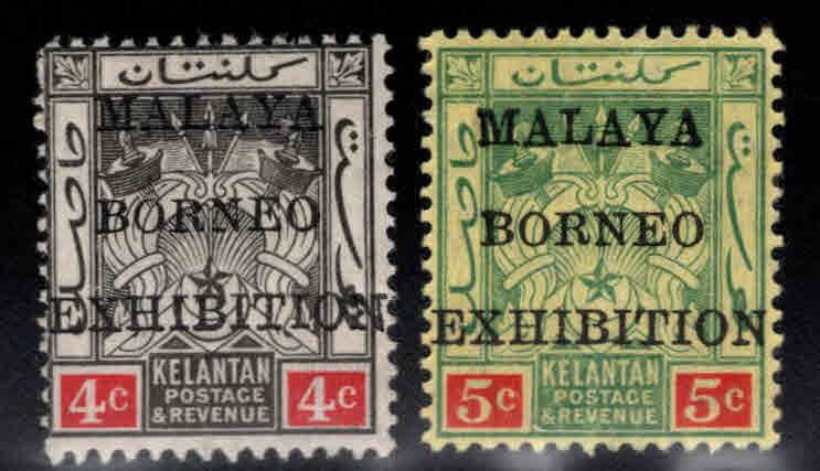 MALAYA Kelantan Scott 3a,4a Borneo Exhibition overprints MH*