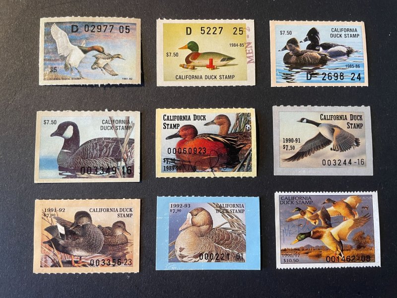 9 different used California Duck Stamps from the 80's and 90's