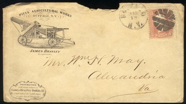 US #65 EST $125.00 EARLY ADVERTISING COVER, F/VF stamp, Pitts,  BOLD FANCY CA...